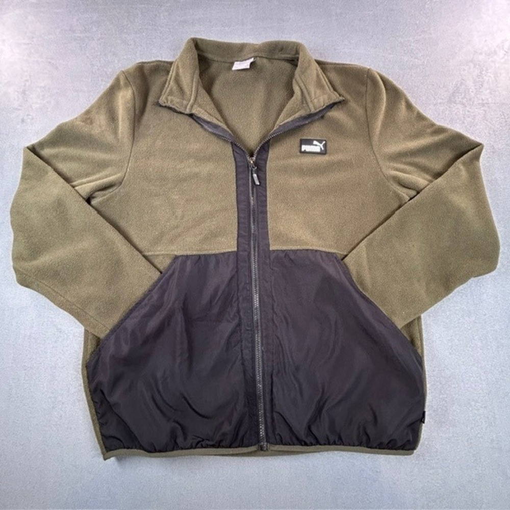 Puma Men's Polar Fleece Full Zip Jacket MD Colorblock Olive Green & Black